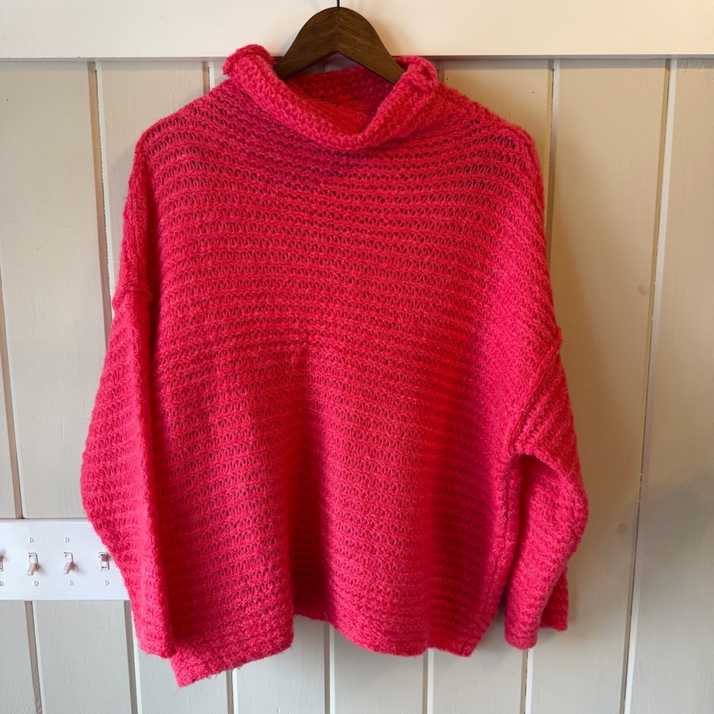 Aerie Vibrant Pink Cowl Neck Loose Knit Sweater, Size Medium - Picture 2 of 6